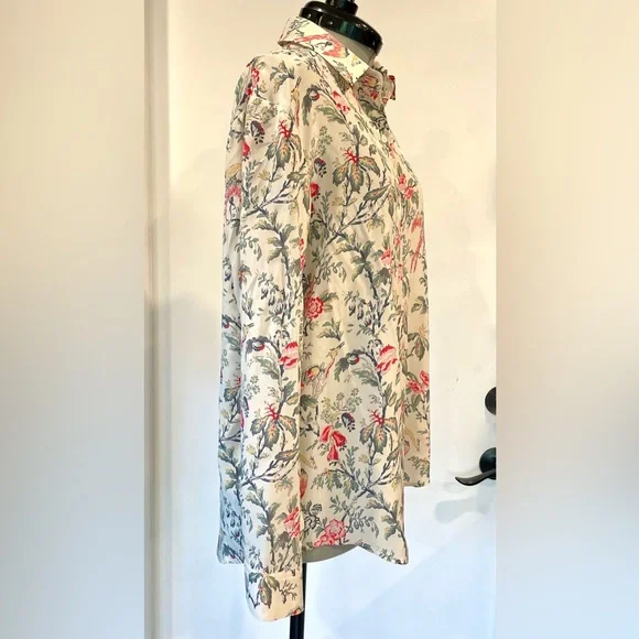 The Kooples silk button down shirt w/floral tropical bird print, cream/pink, XS - Picture 6 of 10